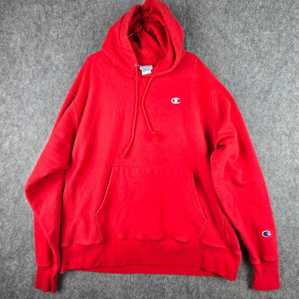 Champion Reverse Weave Hoodie Mens XL Red Relaxed Fit Embroidered Logo